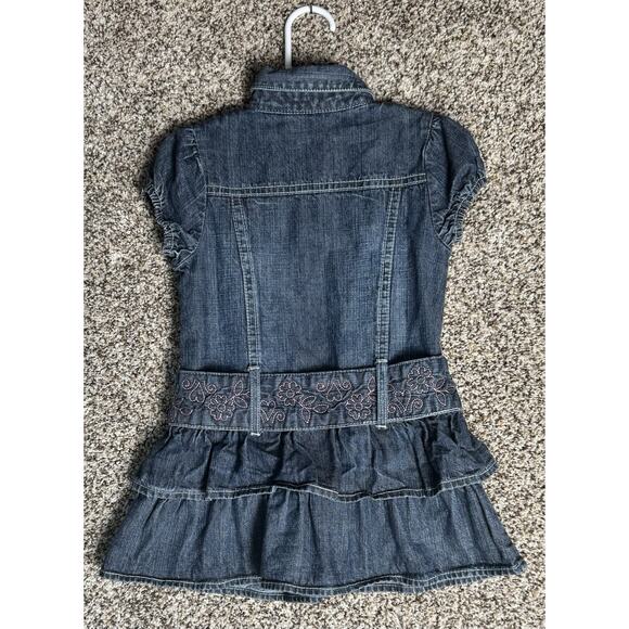 Y2K Baby Guess Denim Dress Girls Sz 24M Tiered Ruffle Puff Sleeve Belt Western - Picture 5 of 8